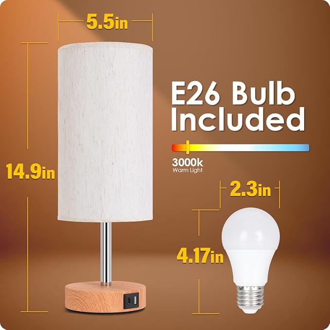 Yarra-Decor Bedside Lamp with USB A+C Port - Touch Control Table Lamp for Bedroom Wood 3 Way Dimmable Nightstand Lamp with Round Flaxen Fabric Shade for Home Office (LED Bulb Included)