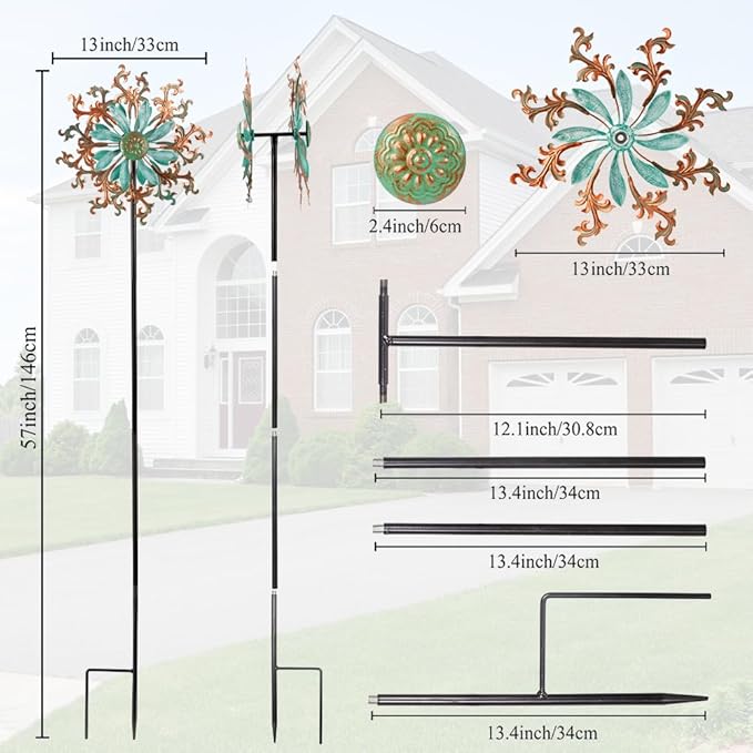 Viveta Wind Spinners Outdoor, Metal Wind Sculptures for Yard and Garden,13 * 57 "Double Windmill with Stable Stake