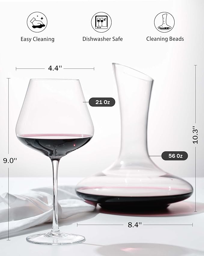 JBHO Full Bottle Wine Decanter with 2pcs Red Wine Glasses and Cleaning Beads, 21 oz Burgundy Wine Glasses, 56 oz Wine Carafe Aerator and Glasses Set, Wine Decanter and Glass Set