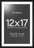 Homeforia 12x17 Picture Frame Black Wood, High End Oak 12x17 Poster Frames with Mat 10x15 Photo, 12 x 17 Wooden Frame Matted to 10 by 15 Print, 17x12 Hanging Frames, Tempered Glass, Wall Kit, Set of 1