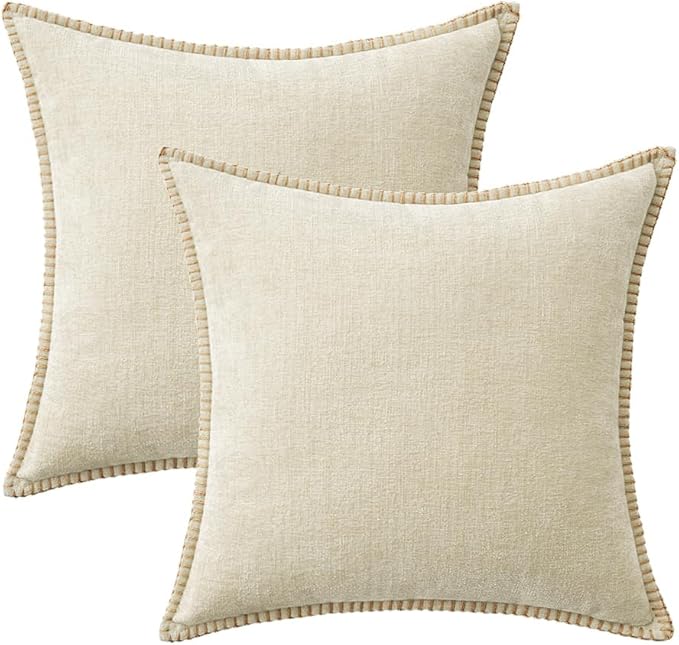 MIULEE Pack of 2 Christmas Pillow Covers 18x18 Inch Cream White Farmhouse Decorative Throw Pillow Covers with Stitched Edge Soft Chenille Solid Dyed Couch Pillow Covers for Sofa Bed Living Room