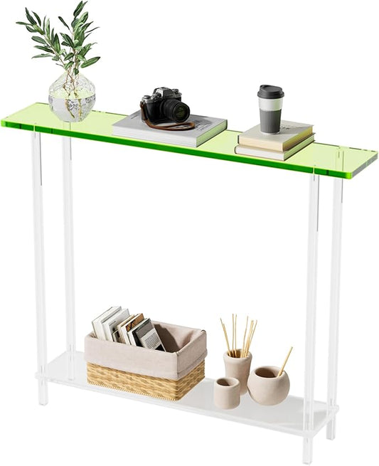 Sleek Modern 2-Tier Acrylic Console Table, 39.4" L x 7.6" W x 31.5" H - Entryway Table for Hallway, Living Room, Sofa Side, Small Spaces (Green)