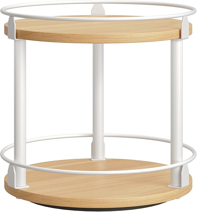 Lazy Susan Organizer, Rotating Spice Rack, 2 Tier Spice Turntable Organizer, Industrial Turntable Spice Holder, for Kitchen Countertop, Compact and Versatile, White and Natural SR22WN