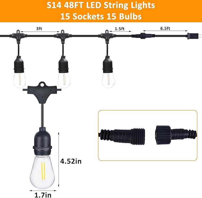 48Ft LED Outdoor String Lights with Dimmer, 15 Edison Bulbs Waterproof Patio String Lights with 4 Brightness Modes Remote Control (Included), Porch Backyard Bistro Decoration