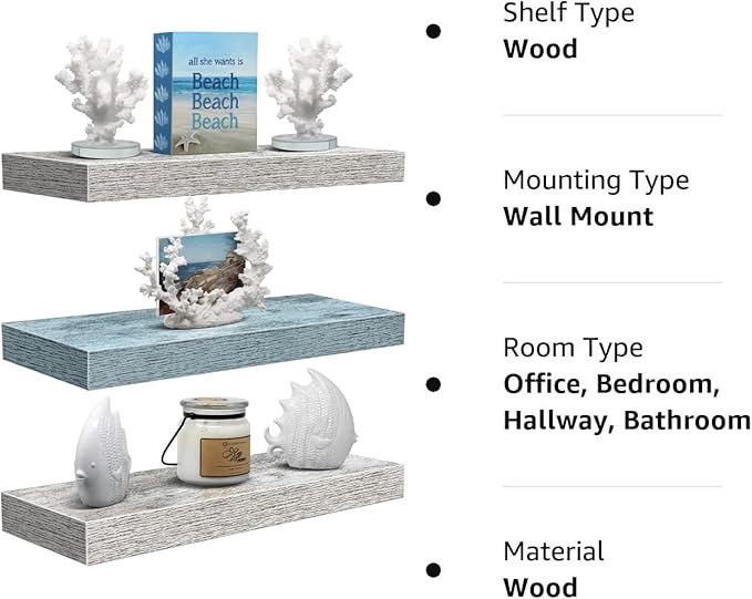 Sorbus Floating Shelves - 3 Pack 16 Inch Rustic & Blue Wall Shelves for Bedroom, Kitchen, Living Room, Bathroom Shelves, Home Decor, Office - Floating Shelf for Trophy, Books, Frames