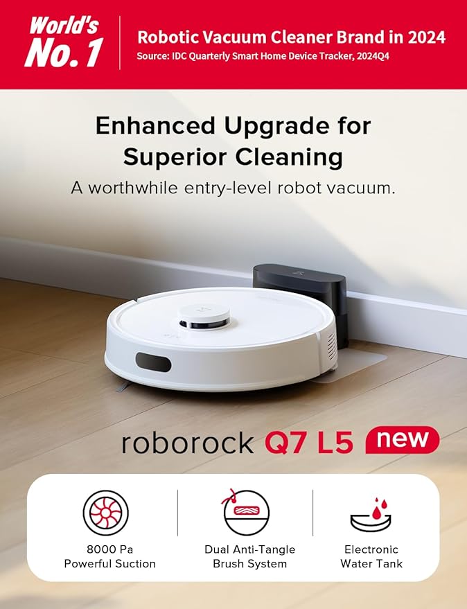 roborock Q7 L5 Robot Vacuum and Mop Combo, 8,000Pa Suction, Upgraded from Q5 Pro, Dual Anti-Tangle System, LiDAR Navigation, No-Go Zones, Self-Charging Robotic Vacuum Cleaner, White