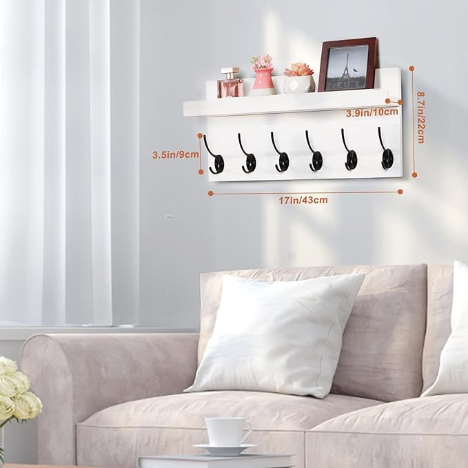 Shelf with Hooks, Coat Rack Wall Mount with 6 Double Metal Hooks, 17 Inch Farmhouse Wall Hooks with Shelf for Entryway, Bathroom, Kitchen, White