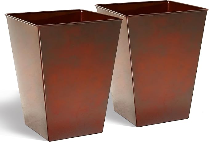 KOL 18''H. Bright Glazed Planter with Drainage Hole, Set of 2, Galvanized Steel Planter Pots for Indoor & Outdoor Use, Decorative Flower Plant Pots for Front Porch, Patio, Deck - Reddish Brown