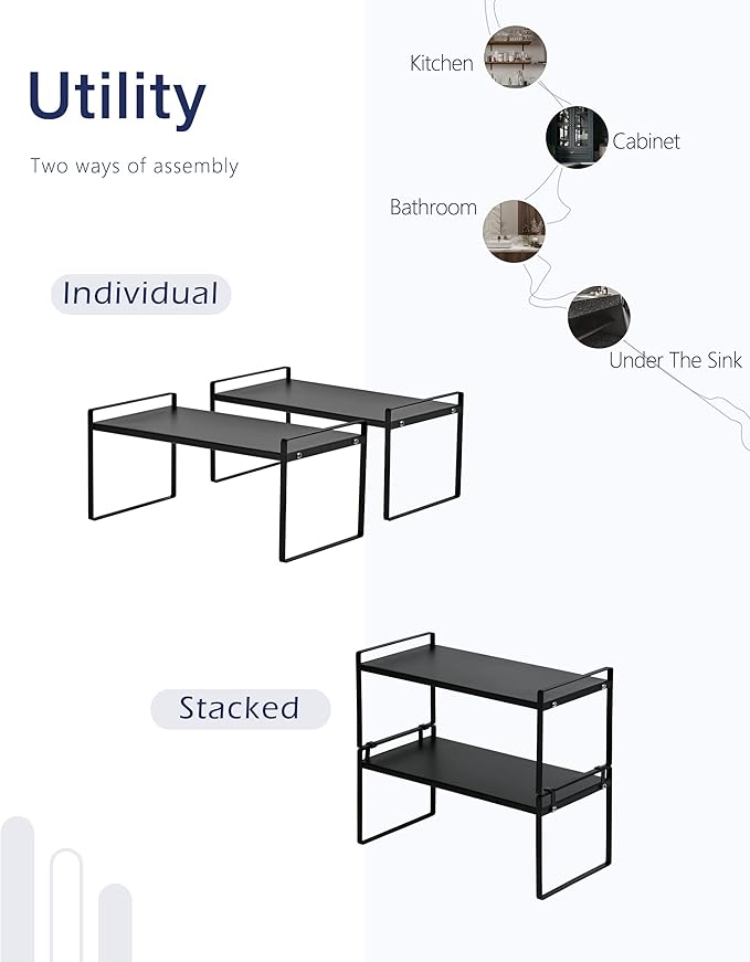 Nxconsu 2Pack Cabinet Shelves Stackable Shelf Organizer Rack Riser for Kitchen Cabinet Pantry Cupboard Counter Countertop Home Organization Storage Space Saver Heavy Duty Metal Nonslip Black Wide