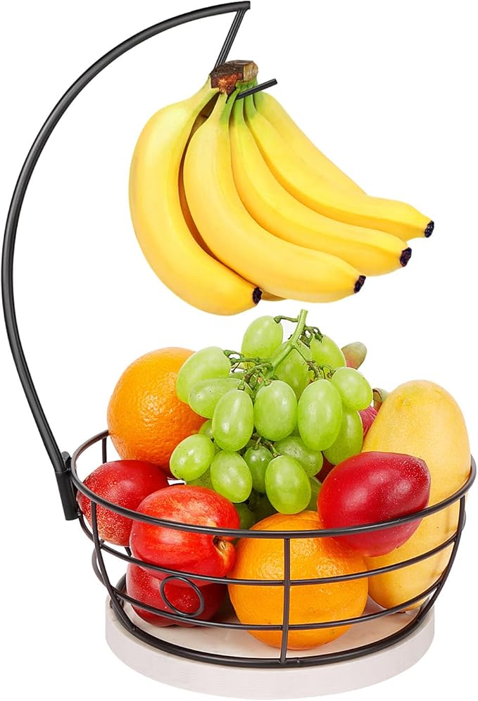 Livabber Countertop Fruit Basket Bowl with Banana Hanger, Modern Standing Fruit Vegetable Bowl Storage, with Banana Tree Holder for Kitchen Dinning Table (Round Marble, Black)