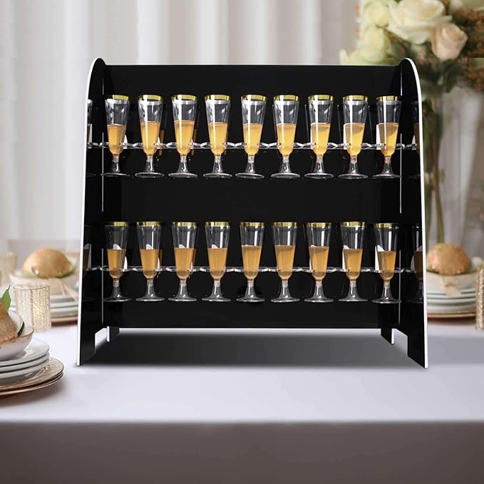 Tableclothsfactory Black Mirror Finish 2-Tier Wine Glass Stemware Rack, 18 Champagne Flute Holder Foam Board Stand - 25"