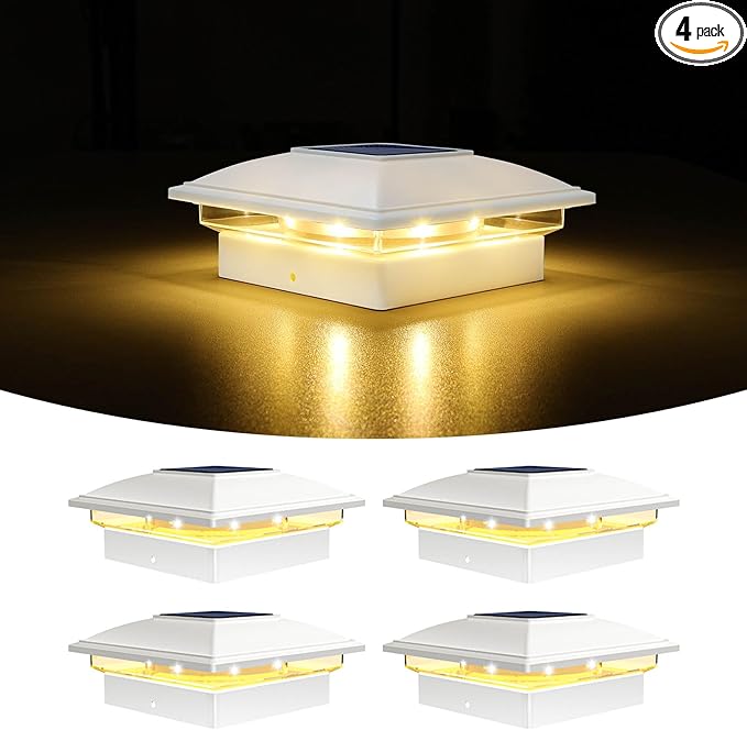 VOLISUN Solar Post Cap Light Outdoor Waterproof 4pack,Solar Fence - Post Lights for 4x4 5x5 6x6 Wooden/Vinyl Post,White Deck Cap Light Solar Powered with Warm White for Garden/Patio/Porch