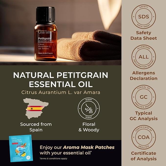 Gya Labs Petitgrain Essential Oil for Skin - 0.34 Fl Oz - 100% Pure Natural Petitgrain Oil for Diffuser, Hair, Aromatherapy, Massage & Candle Making Scent
