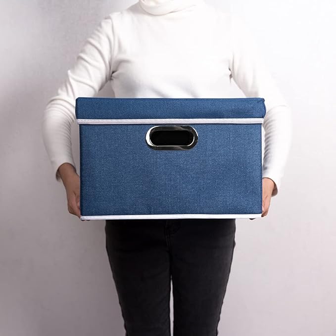 PRANDOM Foldable Storage Bin with Lid [5-Pack] Linen Fabric Decorative Storage Box Organizer Container Basket Cube with Handles Divider for Closet Office Living Room Royal Blue(14.9x9.8x9.8)