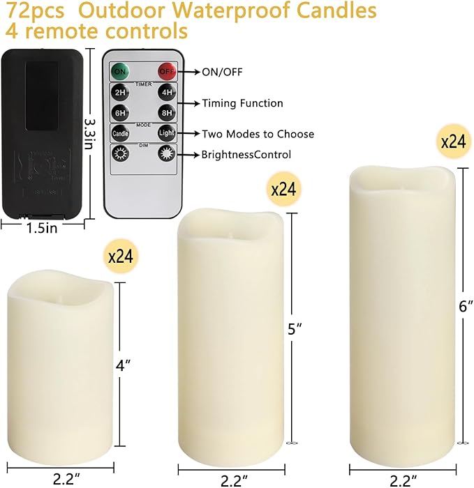 72-Pack Realistic Flameless LED Candle, Battery Operated with Remote Control, 3D Flame Pillar Timer Funtion Melted Top Safe,Perfect for Indoor/Outdoor Decor,Wedding,BBQ and Gift.