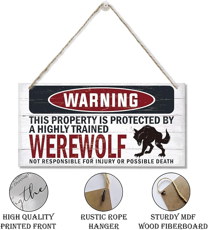 Warning Sign, Werewolf Warning Wood Plaque Sign, Funny Door Signs, Decorative Wood Hanging Suspension Plaque, Farmhouse Wooden Wall Decor, Outdoor Hanging Wooden Signs
