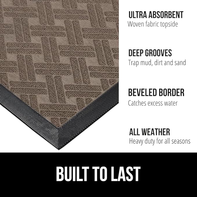 GORILLA GRIP 100% Waterproof All-Season WeatherMax Doormat 35x23, US Designed Natural Rubber, Stain and Fade Resistant, Low Profile Indoor Outdoor Door Mats, Easy Clean Patio Mat, Taupe Basket Weave