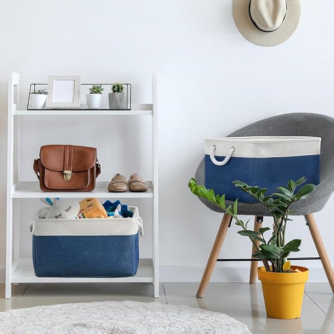 TheWarmHome Organization and Storage Basket for Organizing - X Large 3 Pack 17.7L×13.8W×9.8H in Collapsible Storage Bin for Shelves, Basket for Gifts Empty Toys Organizer Gift (White & Jean Blus)