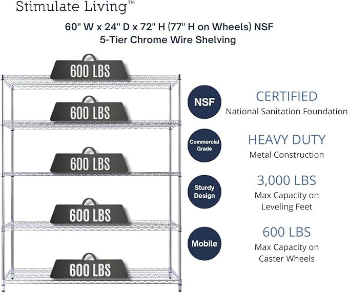 60"x24"x72" PRIME HEAVY DUTY Chrome 5-Tier Wire Shelving NSF 3000 LBS MAX Capacity Storage Rack for Commercial, School, Home, Garage, Warehouse, Industrial, and Hospital Uses (with Wheels)
