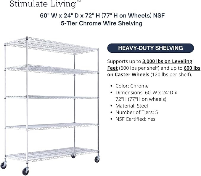 60"x24"x72" PRIME HEAVY DUTY Chrome 5-Tier Wire Shelving NSF 3000 LBS MAX Capacity Storage Rack for Commercial, School, Home, Garage, Warehouse, Industrial, and Hospital Uses (with Wheels)