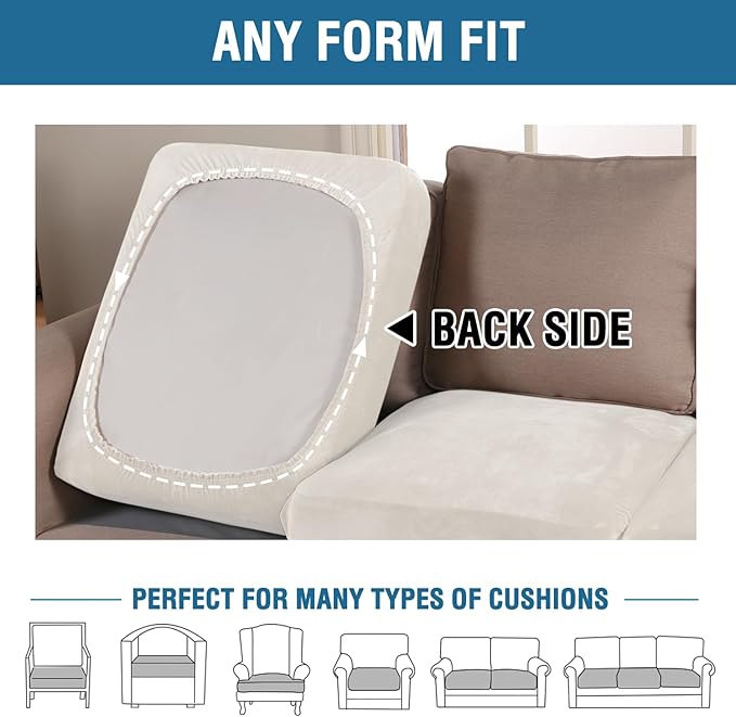 H.VERSAILTEX Velvet Stretch Couch Cushion Cover Plush Cushion Slipcover for Chair Cushion Furniture Protector Seat Cushion Sofa Cover (1 Piece Armchair Cushion Covers, Porcelain)