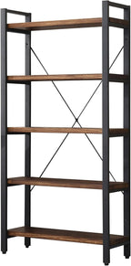5 Tier Bookcase, Solid Wood Bookshelf Rustic Vintage Industrial Etagere Bookcase, Metal and Wood Free Vintage Bookshelf, Retro Brown (Real Wood) (5-Tiers)