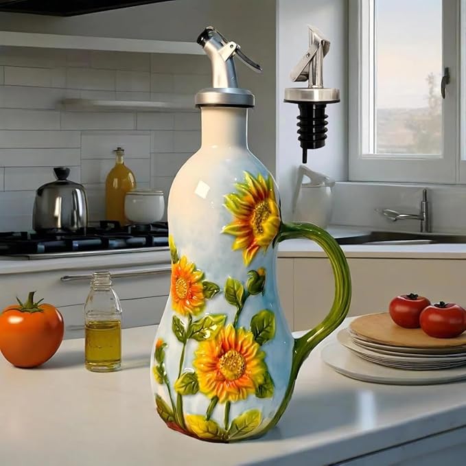 18 Oz Hand Painted Relief Ceramic Olive Oil Bottle Dispenser for Kitchen, Oil and Vinegar Bottle, Seasoning Bottle with Stainless Steel Nozzle, 540mL Oil Container with Handle for Cooking, Light Proof