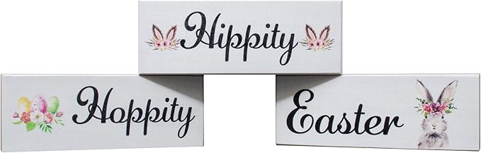JennyGems Easter Bunny Decor 3pc Wooden Block Set, Tiered Tray, Wreath and Tabletop Decor for Easter Decorations