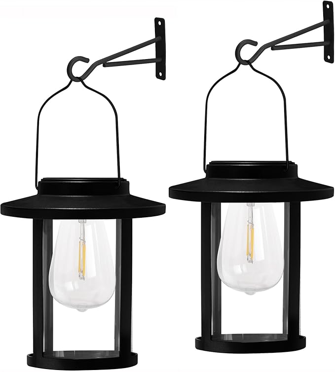 Solar Lantern Outdoor,Hanging Solar Lights Waterproof,Outdoor Wall Light Fixtures wiht Bulb,Outside Porch Lights Wall Mount for Front Garage Chicken Coop Farmhouse,2 Pack