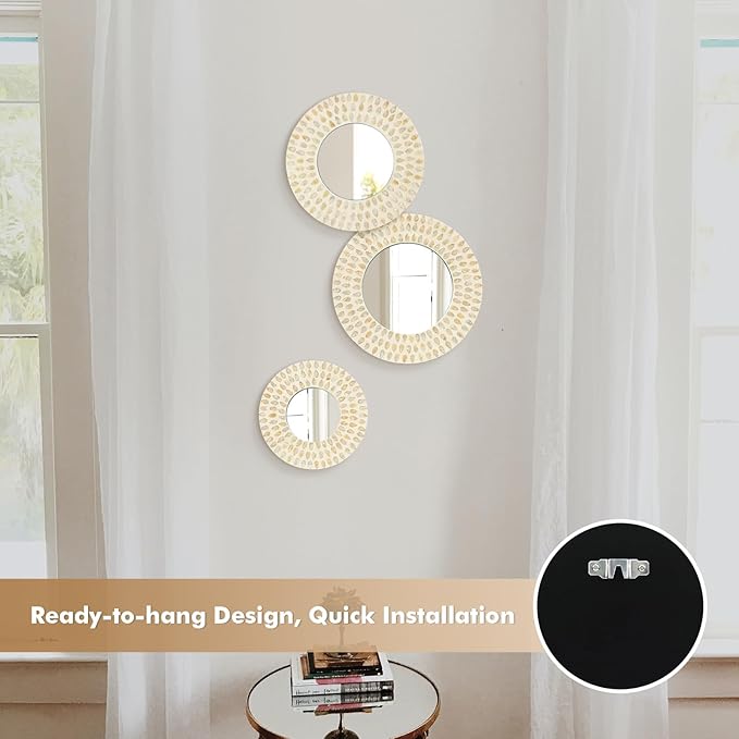 Boho Mirror Wall Decor for Living Room, 3PCS Natural Mother of Pearl Decorative Mirror for Farmhouse Rustic Home, Hanging Sculptures for Women Bedroom Hallway Porch Decoration (Light Brown)