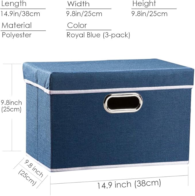 PRANDOM Collapsible Storage Bin with Lid [3-Pack] Fabric Foldable Storage Box Organizer Container Basket Cube with Cover for Home Bedroom Closet Office Nursery Royal Blue(14.9x9.8x9.8)