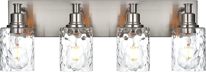 BONLICHT 4-Light Bathroom Vanity Light Fixture Brushed Nickel Industrial Wall Sconce Lighting with Hammered Glass Shade for Living Room Bedroom Hallway Porch Workshop Dressing Table