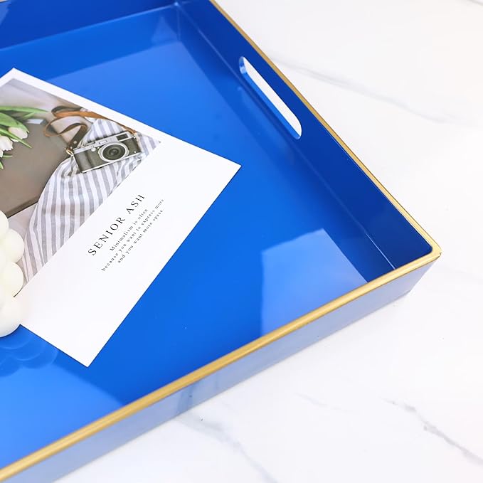 Spsyrine Blue Decorative Tray for Living Room, Square Modern Plastic Coffee Serving Table Tray for Ottoman Bathroom Kitchen,13"*13"