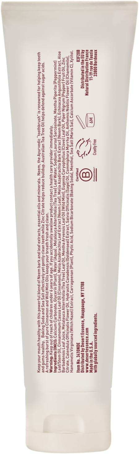 Desert Essence Natural Neem Toothpaste - Cinnamint - 6.25 Oz - Pure Essential Oil - Baking Soda - Complete Oral Care - Sea Salt - Refreshing Taste - Promotes Buildup Reduction