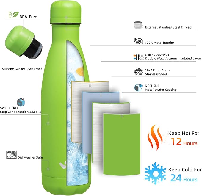 Insulated Water Bottles,17 oz Double Wall Stainless Steel Vacumm Metal Flask for Sports Travel,Green