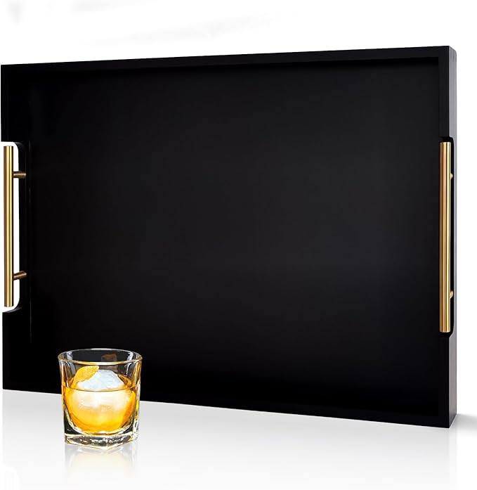 22 Inch Rectangle Black Ottoman Tray with Gold Metal Handles, Extra Large Wooden Serving Tray for Living Room, Coffee Table, Kitchen & Hosting
