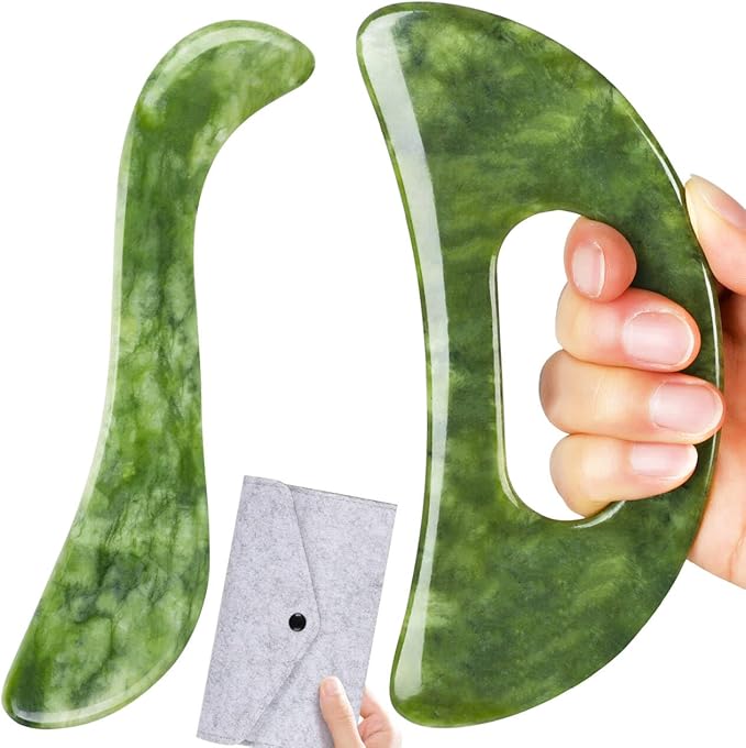 2 PCS Jade Stone Gua Sha Massage Tool, Large Guasha Muscle Scraper Tools Set with Handle Muscle Scraping Massage Tools S Shaped Anti Cellulite Spa Acupuncture Tools for Lymphatic Drainage