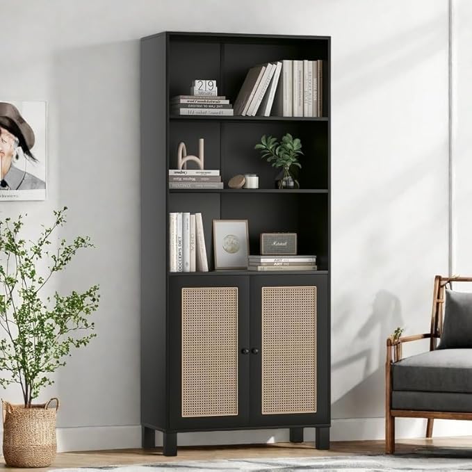 Tall Bookshelf, 5-Tier Book Shelf with 2 Rattan Doors, Freestanding Bookcase Display Shelves with Large Storage, Book Case for Living Room, Office, Study, Bedroom, 70.9 Inch