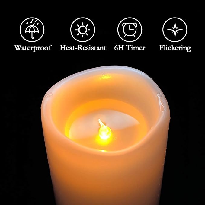 Homemory 4" x 6" Large Waterproof Outdoor Flameless Candles, Battery Operated Flickering LED Pillar Candles with Remote and Timers for Indoor Outdoor Lanterns, Long Lasting, Dark Ivory, Set of 2
