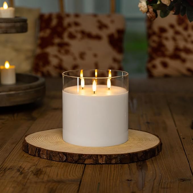 Homemory 6X6'' Extra Large Flameless Candle with 3 Wicks, Glass LED Pillar Candle, Real Wax Battery Operated Candle with Remote Control and Timer, Pure White