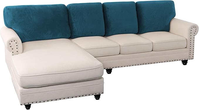 PrinceDeco Sectional Couch Covers Velvet Cushion Covers for Sectional Couch Washable Cushion Covers for Sectional Sofa Pet Friendly Sectional Sofa Slipcovers(1 Chaise Back+ 3 Sofa Back,Deep Teal)