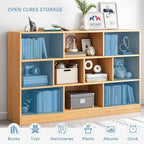 IOTXY Open Shelf Low Bookcase - Wooden 3-Tier Floor Standing Display Cabinet Organizer with Base, 7 Cubes Short Horizontal Bookshelf in Tiffany-Green