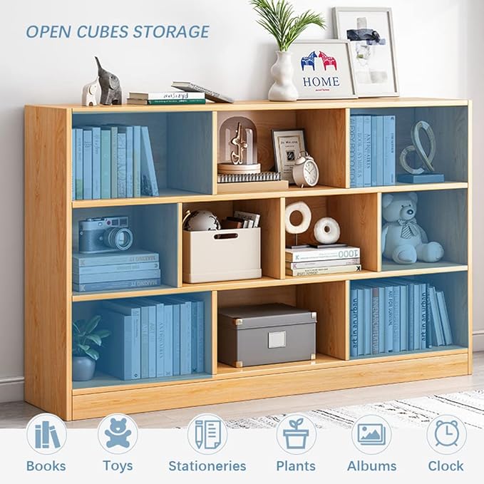 IOTXY Open Shelf Low Bookcase - Wooden 3-Tier Floor Standing Display Cabinet Organizer with Base, 7 Cubes Short Horizontal Bookshelf in Bright Blue