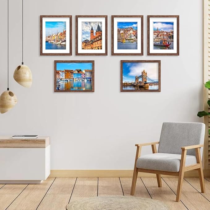 8x10 Picture Frame Set of 6, Display Pictures 5x7 with Mat or 8x10 Without Mat for Wall Mounting, Rustic Brown
