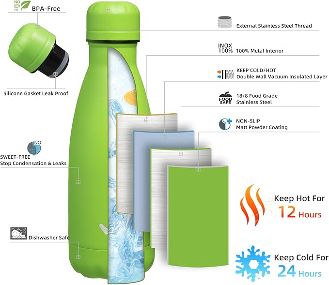 Insulated Water Bottles,12 oz Double Wall Stainless Steel Vacumm Metal Flask for Sports Travel,Green