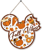 Fall Vibes Door Hanger, Fall Mouse Welcome Door Sign, Wooden Maple Leaves Mushroom Hanging Decor for Front Door, Fall Wood Wreath Wall Decors for Autumn Harvest Thanksgiving Home Decor