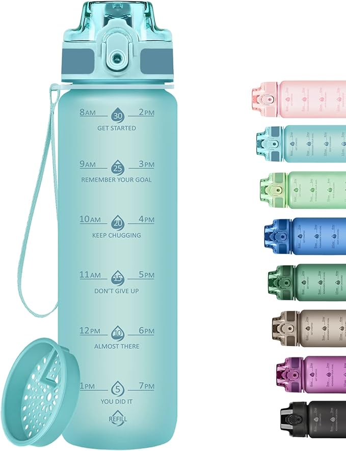 32oz Motivational Water Bottles with Time Marker & Fruit Strainer, Transparent Gradient Color Water Bottle with Times to Drink, Leakproof & BPA Free, Reusable Bottle with Strap (No Straw)