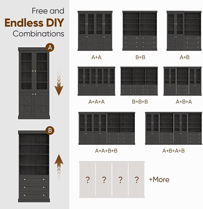 Vyre 71" Tall Farmhouse Bookshelves with Glass Doors, Set of 2 – Large Modular Bookcase with Adjustable Shelves, Storage Cabinet for Living Room, Kitchen, Home Office, Black