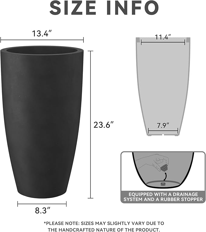 Kante 23.6" H Black Finish Concrete Tall Planters Large Outdoor Indoor Decorative Plant Pots with Drainage Hole and Rubber Plug, Modern Tapered Style for Home and Garden