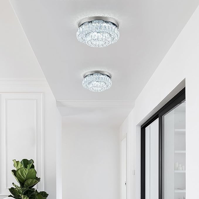 12 Inch Crystal Chandelier LED Ceiling Light 2 Tier Flush Mount Ceiling Light Fixtures Modern Chandelier Lighting for Hallway Bedroom Dining Room Kitchen (Cool White)